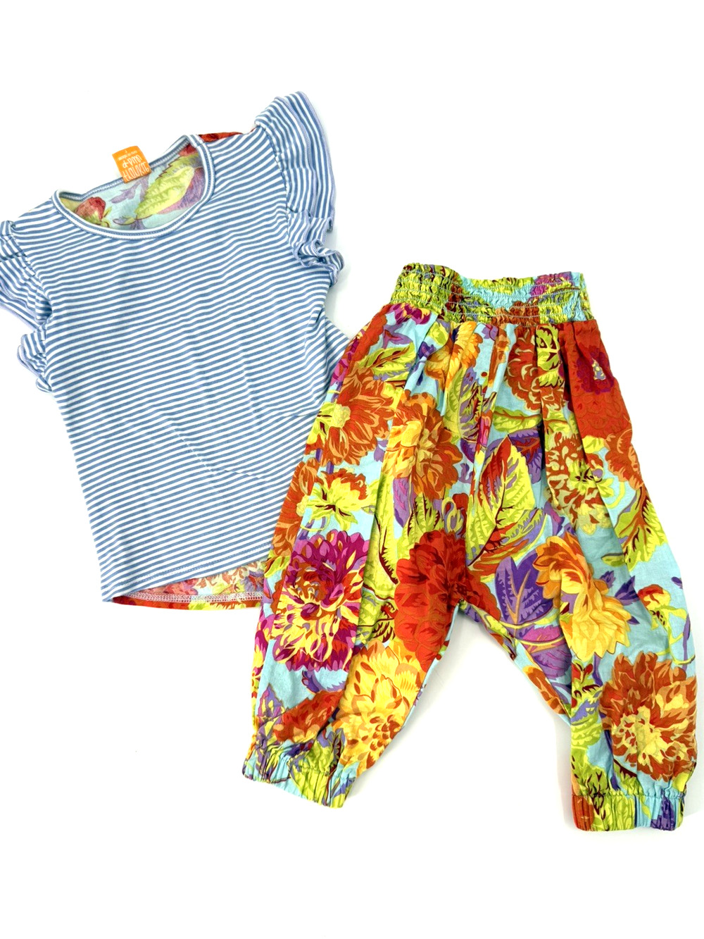 Frankie & Sue Girl Blue Stripe Flutter Top & Floral Harem Pant Set Sz 4 Boutique